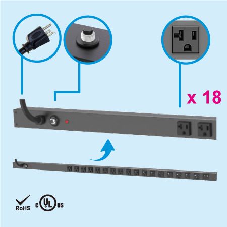 18孔 NEMA 5-20 0U 直立式省空間電源分配器 - 18 x 5-20R 電源機櫃插座配 5-20P插頭