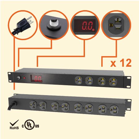 12孔 NEMA 5-20 1U 19" 電流型機架式電源分配器 - 20A 機櫃專用電源插座