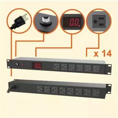 14孔 NEMA 5-15 1U 監視型機架式電源分配器 - 電錶型伺服器用插座, 14 x 5-15R outlets
