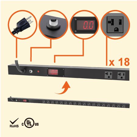 18孔 NEMA 5-20 0U LED電流顯示直立式省空間電源分配器 - 18 x 5-20R 電流顯示電源機櫃插座配 5-20P插頭